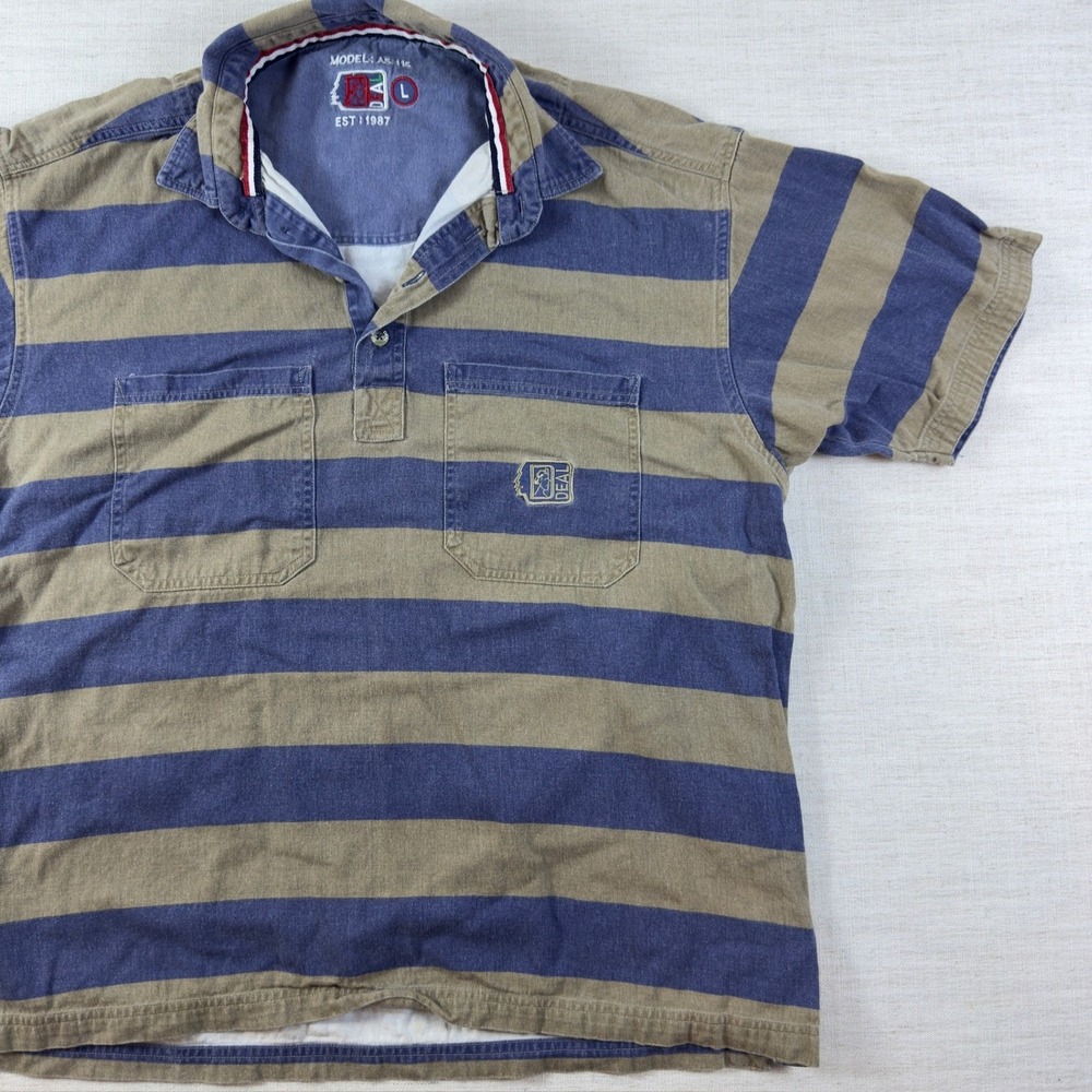Vintage Deal Est 1987 Mens Large Striped Short Sleeve Polo Shirt Blue Tan AS 116